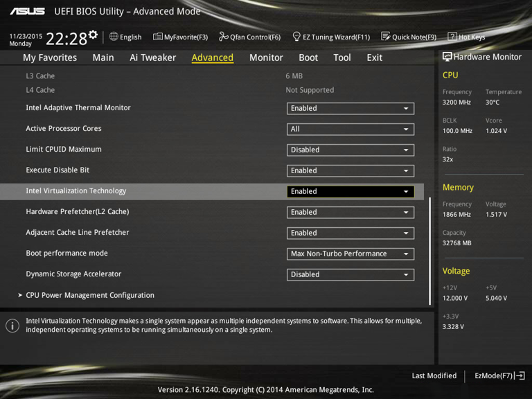 Intel BIOS virtualization settings disabled