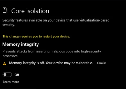 Windows Core Isolation Memory Integrity turned off