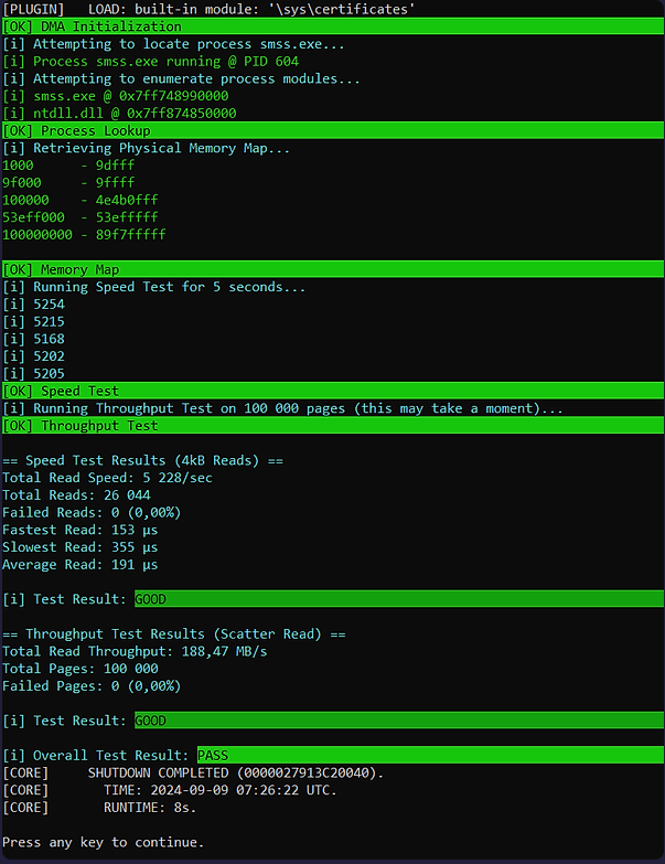 Example of a completed DMA benchmark with PASS result