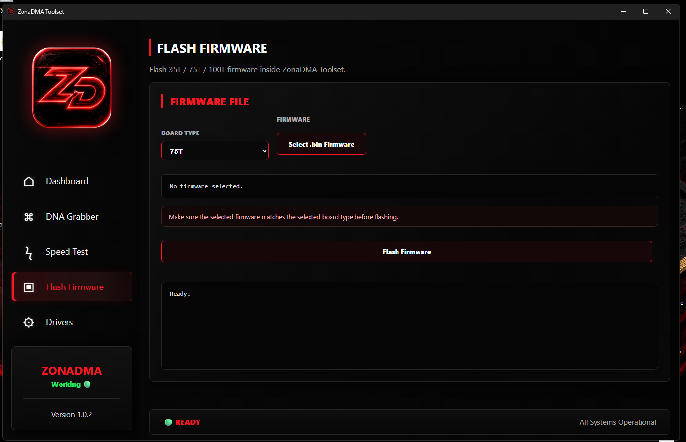 ZonaDMA Toolset Flash Firmware panel