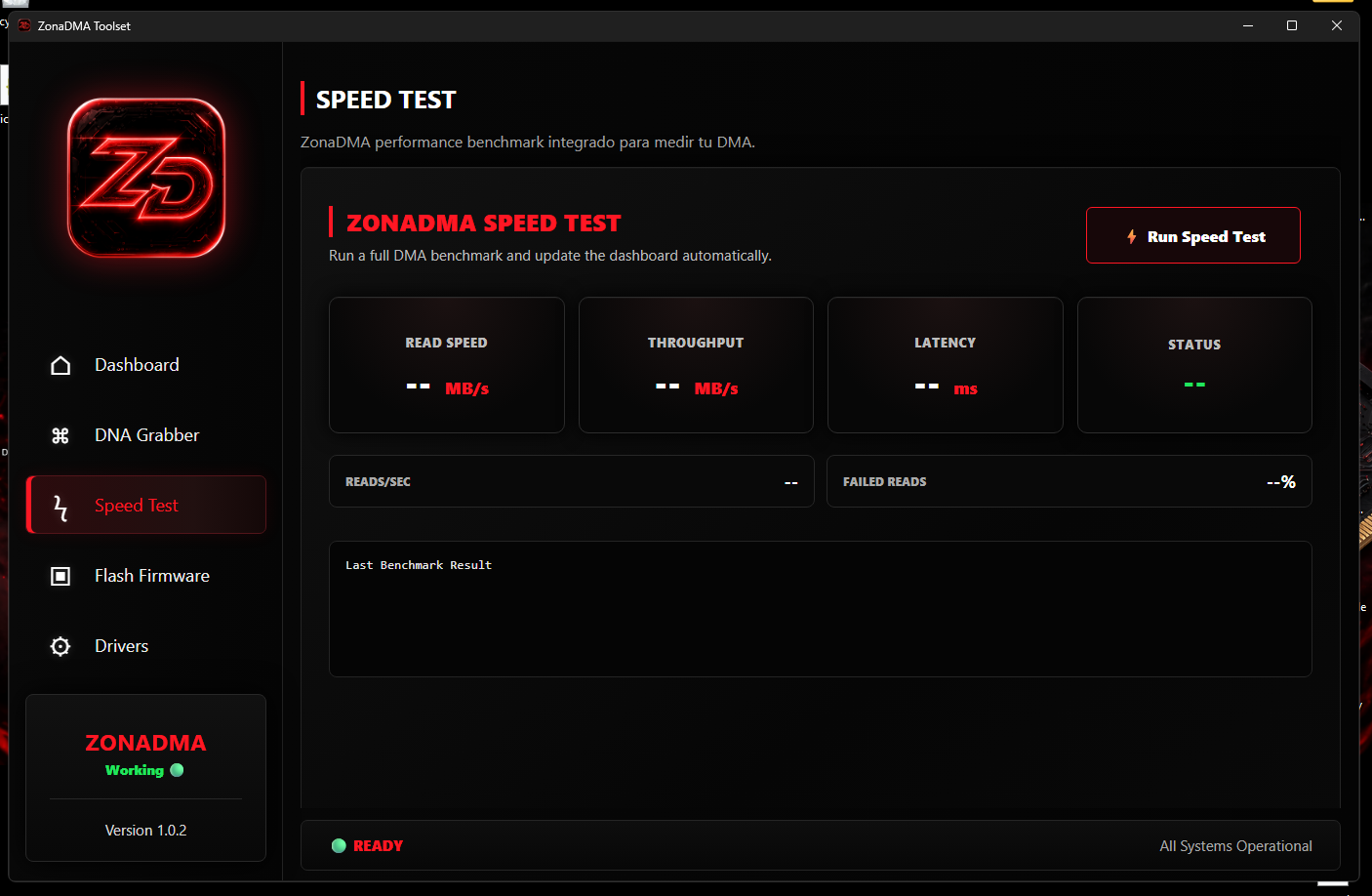 ZonaDMA Toolset Speed Test panel